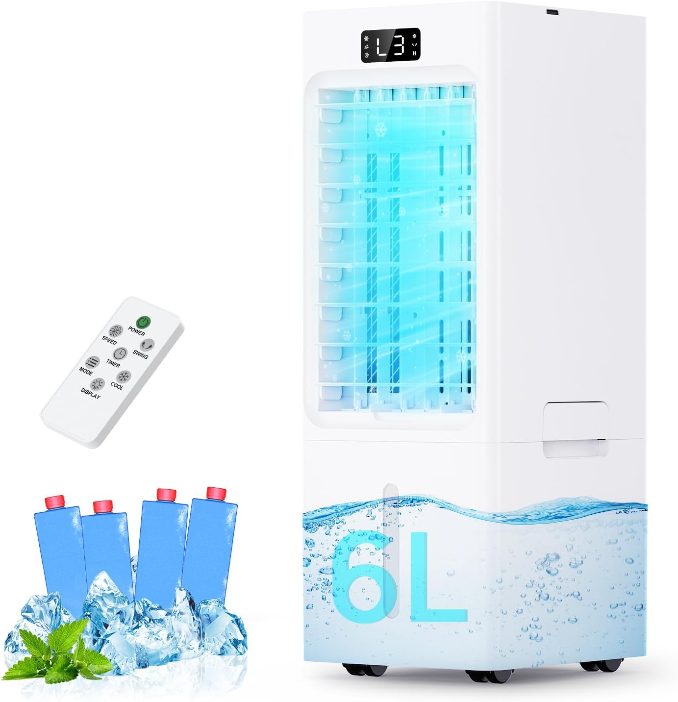 Swamp Cooler, 6L Windowless Portable Air Conditioners, 3-IN-1 Evaporative Air Cooler with Remote, 4 Modes & 3 Speeds, 4 Ice Packs, Auto Oscillating, 12H Timer, Quiet Cooling Fan