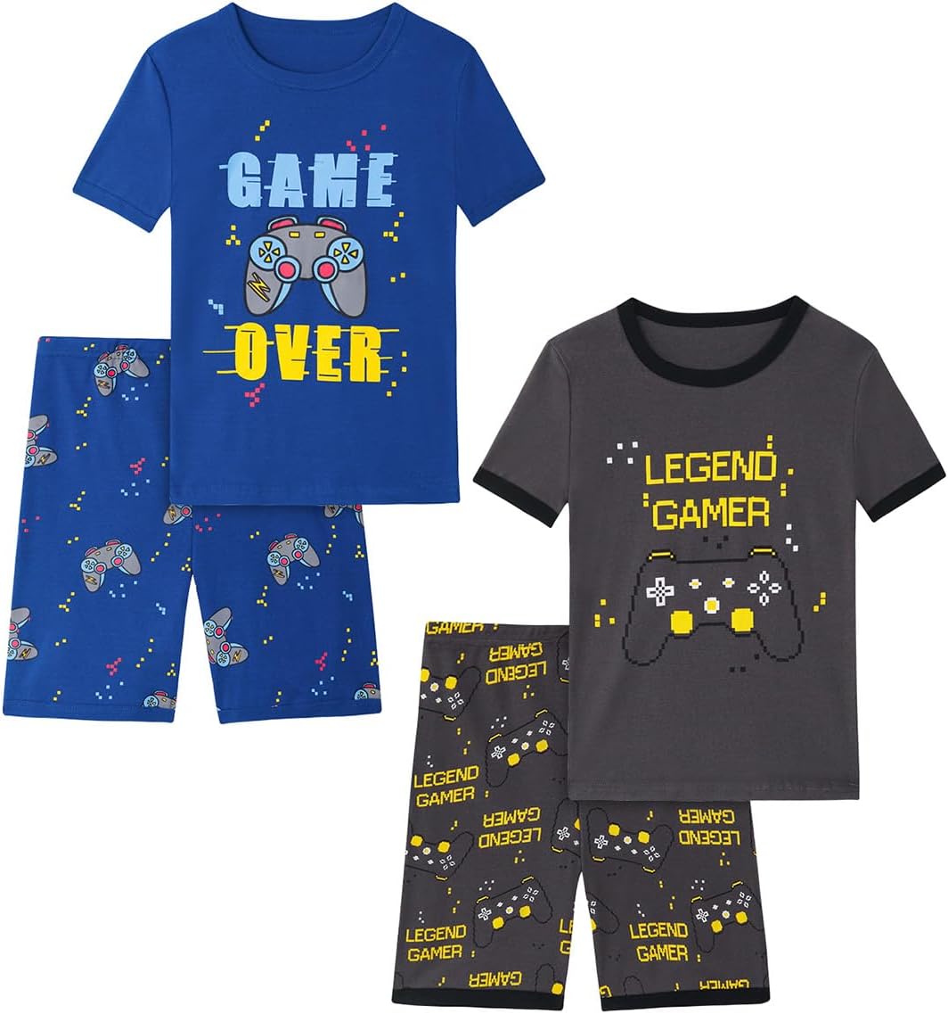 Boys Pajama Set, 4-Piece Cotton Pajamas Short Summer PJs Kids Sleepwear