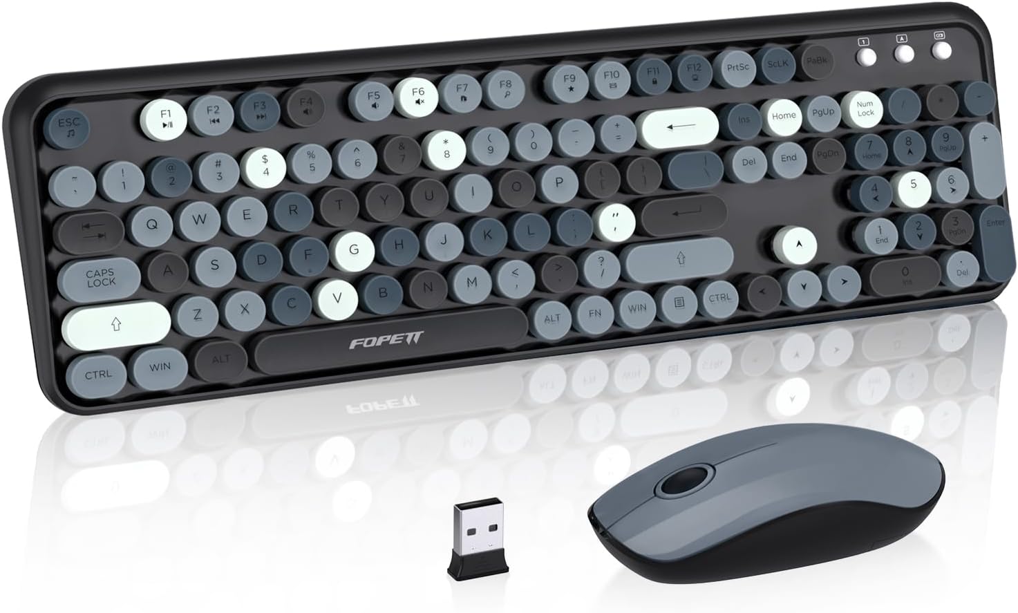 Retro Wireless Keyboard Mouse Combo,Round Keycaps,for PC Laptop,Black Grey | Cute Colorful Bubble Keys,Aesthetic Typewriter Style,Fun Clicky Sound,2.4GHz,Full Size with Number Pad for Long Nails Deskt