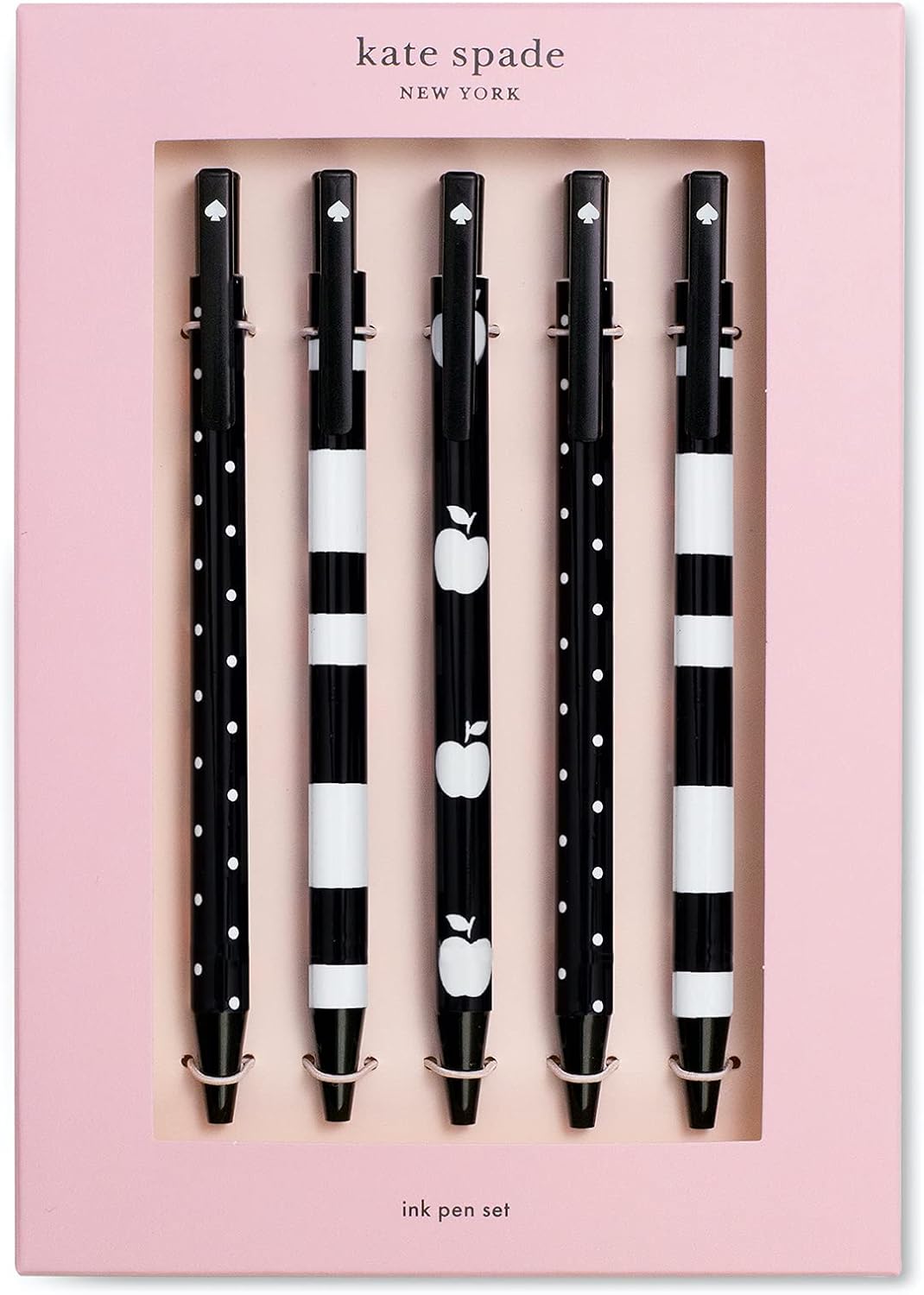 kate spade new york Ink Pen Set of 5, Dots & Stripes | Pack of Cute, Plastic, Black Ink, Retractable Click Pens with Pocket Clips for Writing and Journaling