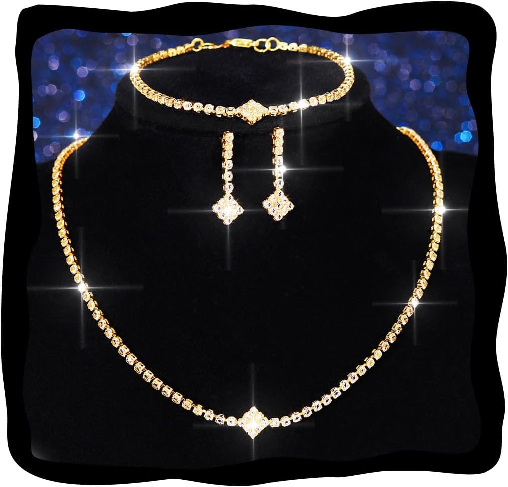 Aukmla Rhinestones Bridal Wedding Jewelry Sets Sparkly Necklace Earrings Bracelet Set Prom Formal Jewelry for Brides and Women