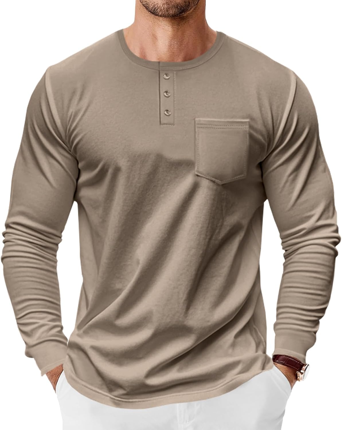 Men's Spring/Autumn Fashion Solid Color Henley Shirt Crew Neck Button Down Long Sleeve Pullover with Pockets