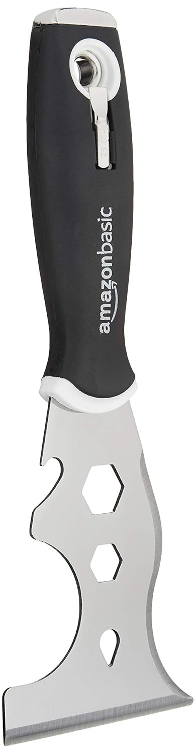 Amazon Basics 14-IN-1 Soft Grip Painters Tool with Hammer End, Paint Scraper, Nail Puller, Roller Cleaner, 3", Black