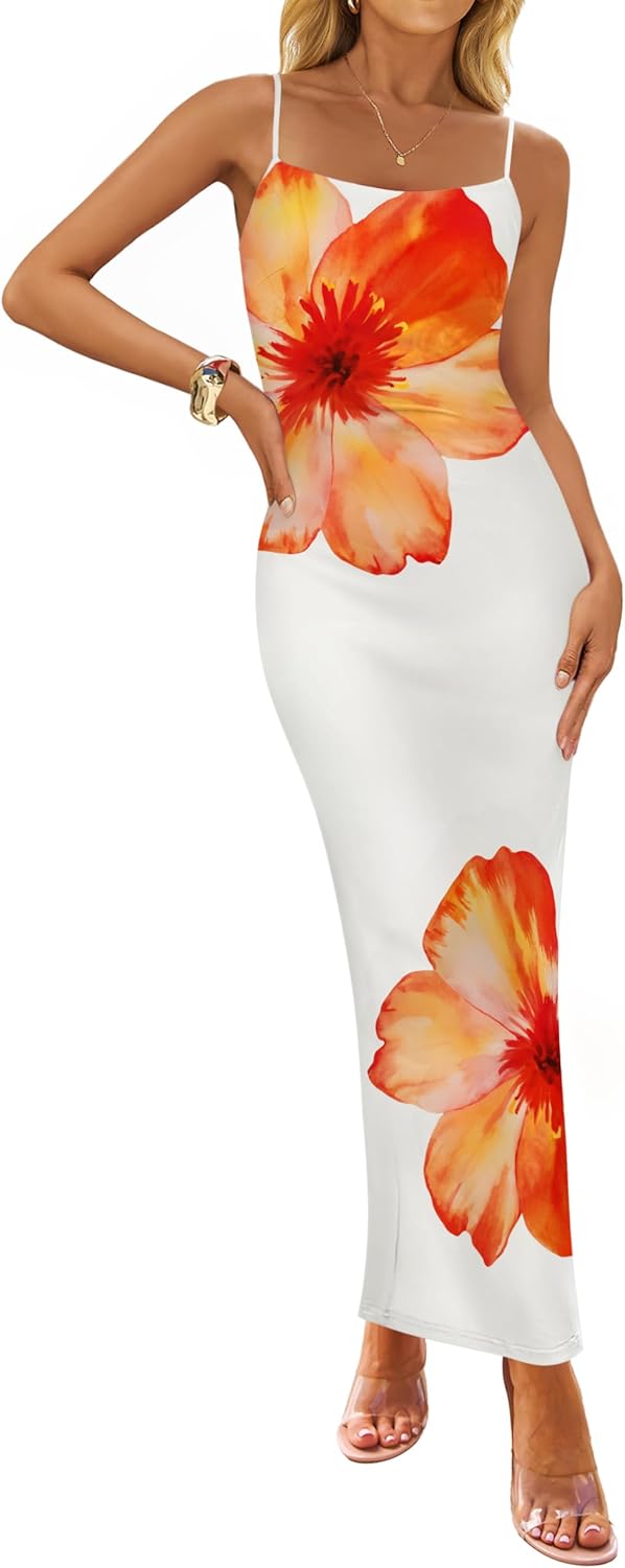 ZESICA Women’s Summer Bodycon Maxi Dresses 2026 Floral Spaghetti Strap Square Neck Sleeveless Boho Beach Long Dresses