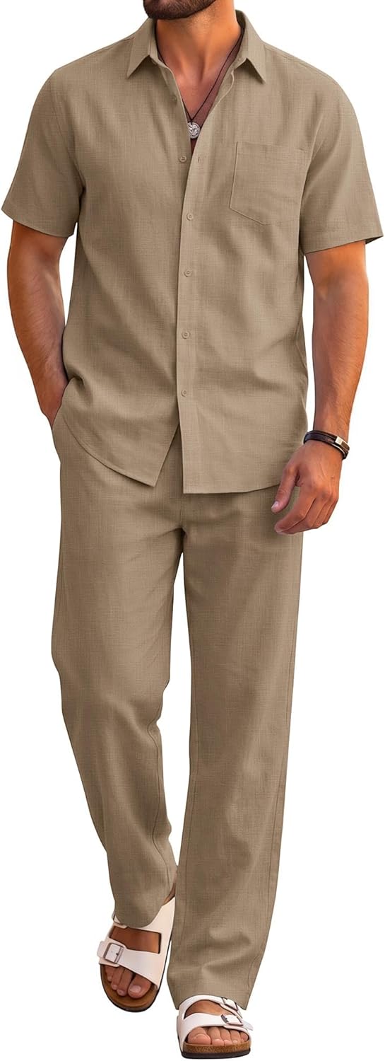 COOFANDY Men's 2 Piece Sets Beach Outfits Cotton Short Sleeve Button Down Shirts Loose Pants Summer Vacation Casual Outfits