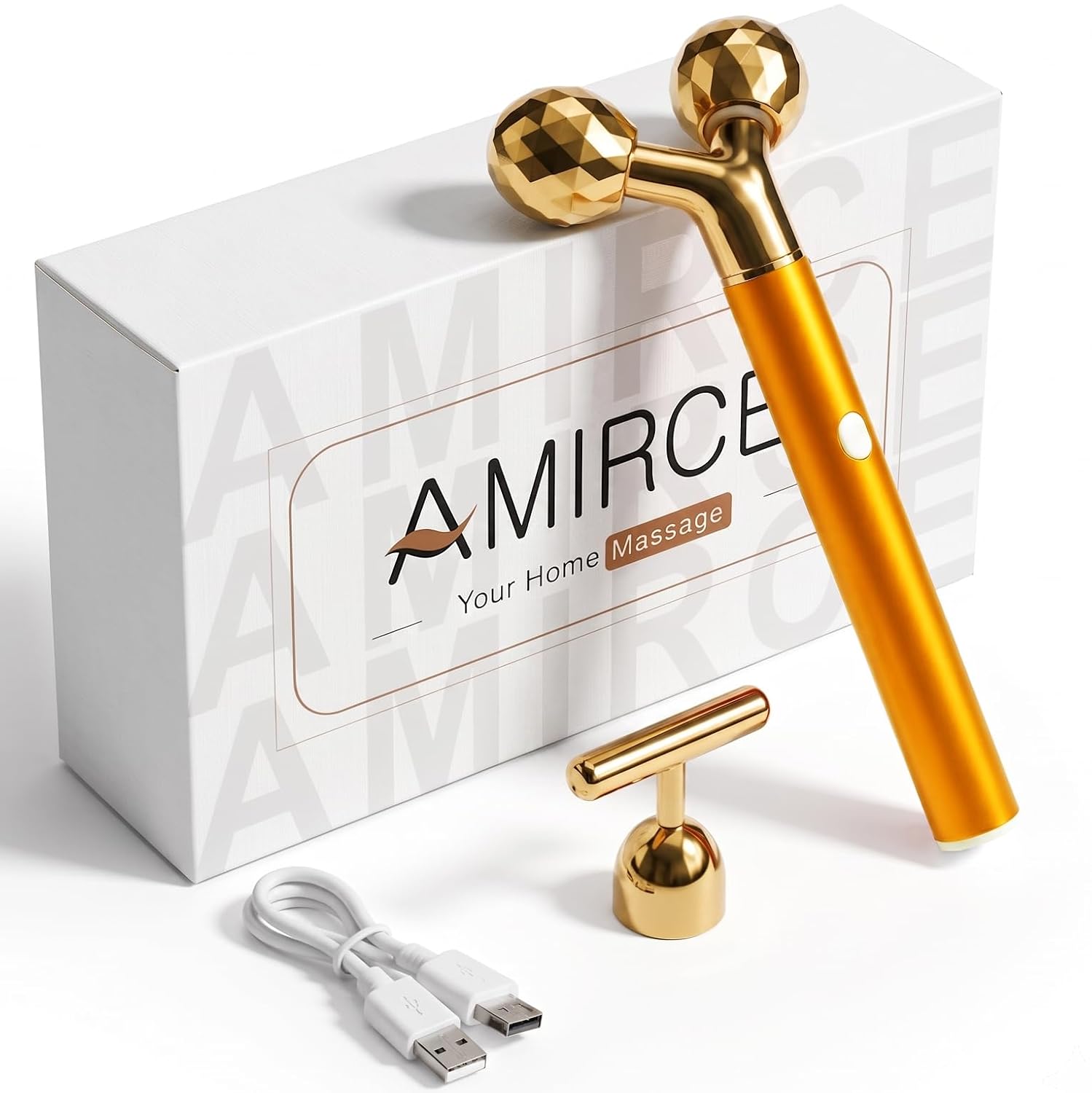 Rechargeable Face Massager Roller, Golden Vibrating T Bar Facial Massager & 3D Face Roller for Lymphatic Drainage, Face Depuffer for Jawline, Puffy Face & Skincare Routine