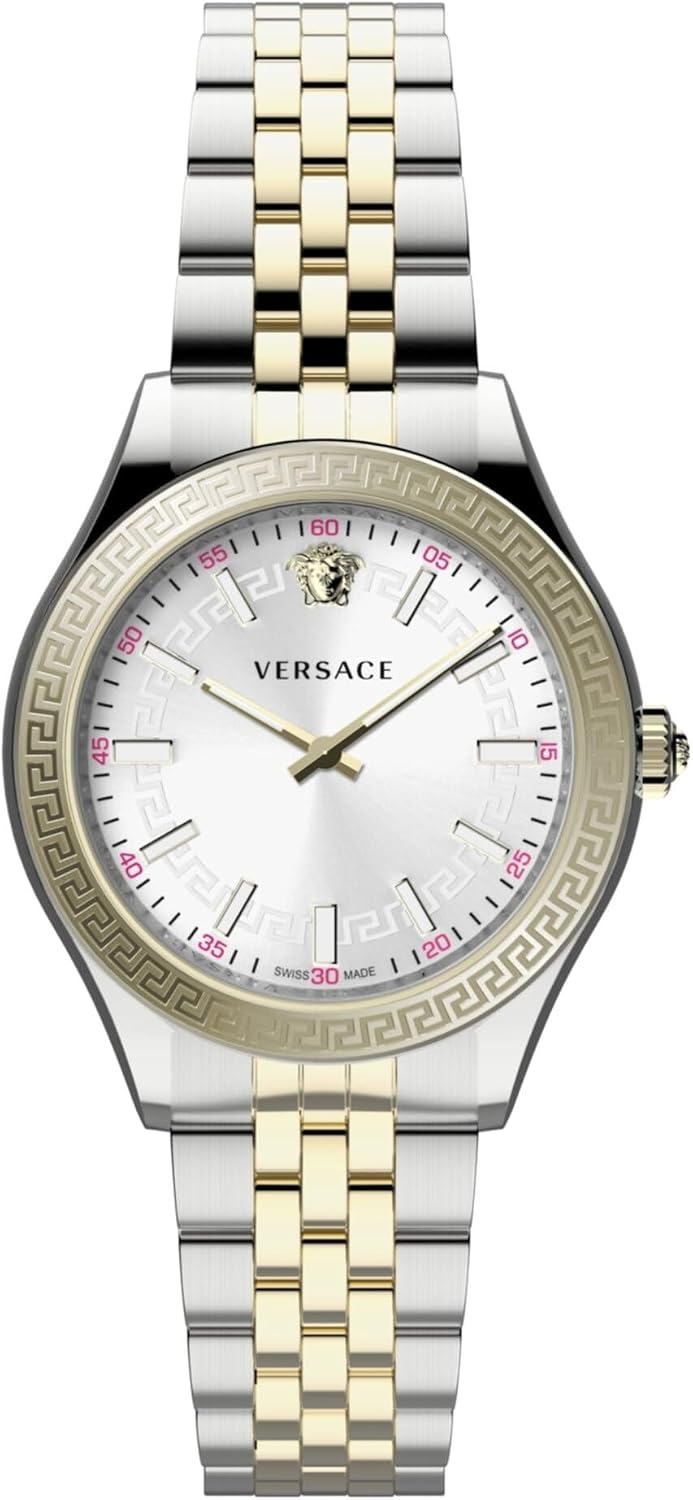 Versace Hellenyium Collection Luxury Womens Watch Timepieces with a Two Tone Bracelet Featuring a Twon Tone Case and a Silver Dial