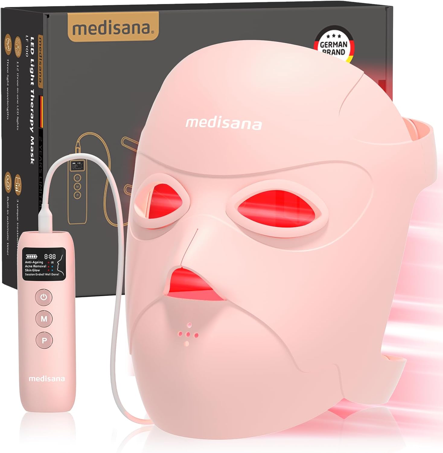 Medisana 3D Red Light Therapy for Face, 336 LEDs with 3 Modes - NIR 830nm, Red 630nm, Blue 415nm - 3D Ergonomic Silicone Design, Cordless & Rechargeable LED Face Mask, Skincare Gifts for Women | 3 Mod