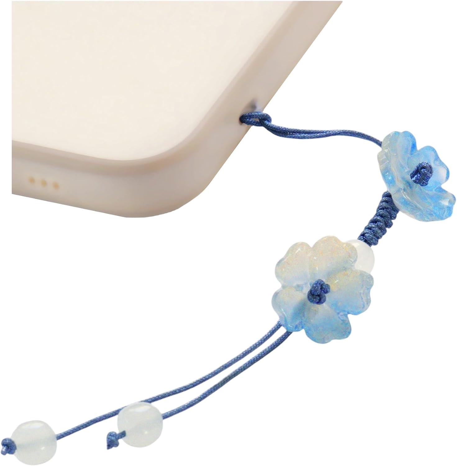 Handmade Cute Cherry Blossom Beads Phone Lanyard, Kawaii Braided Flower Mobile Phone Lanyard, Cute Glass Bead Charm, Key Chain, Bag Charm (Blue)