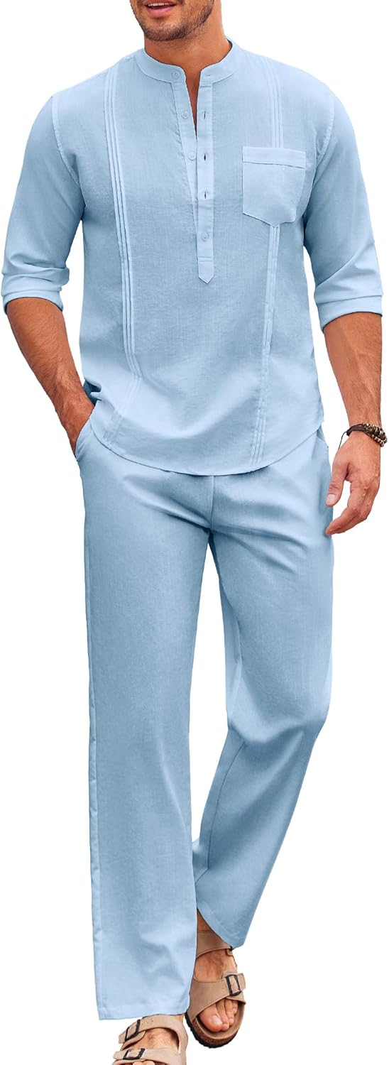 COOFANDY Men's 2 Piece Cotton Sets Casual Long Sleeve Cuban Henley Shirt and Loose Pants Set Beach Vacation Outfits