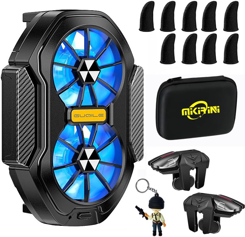14 in 1 Mobile Phone Dual Cooler w/PUBG Mobile Controller | Cooling Fan with LED Light and built-in battery, L2R2 Game Triggers for PUBG/Fornite/Call of Duty/iPhones/Android Phones