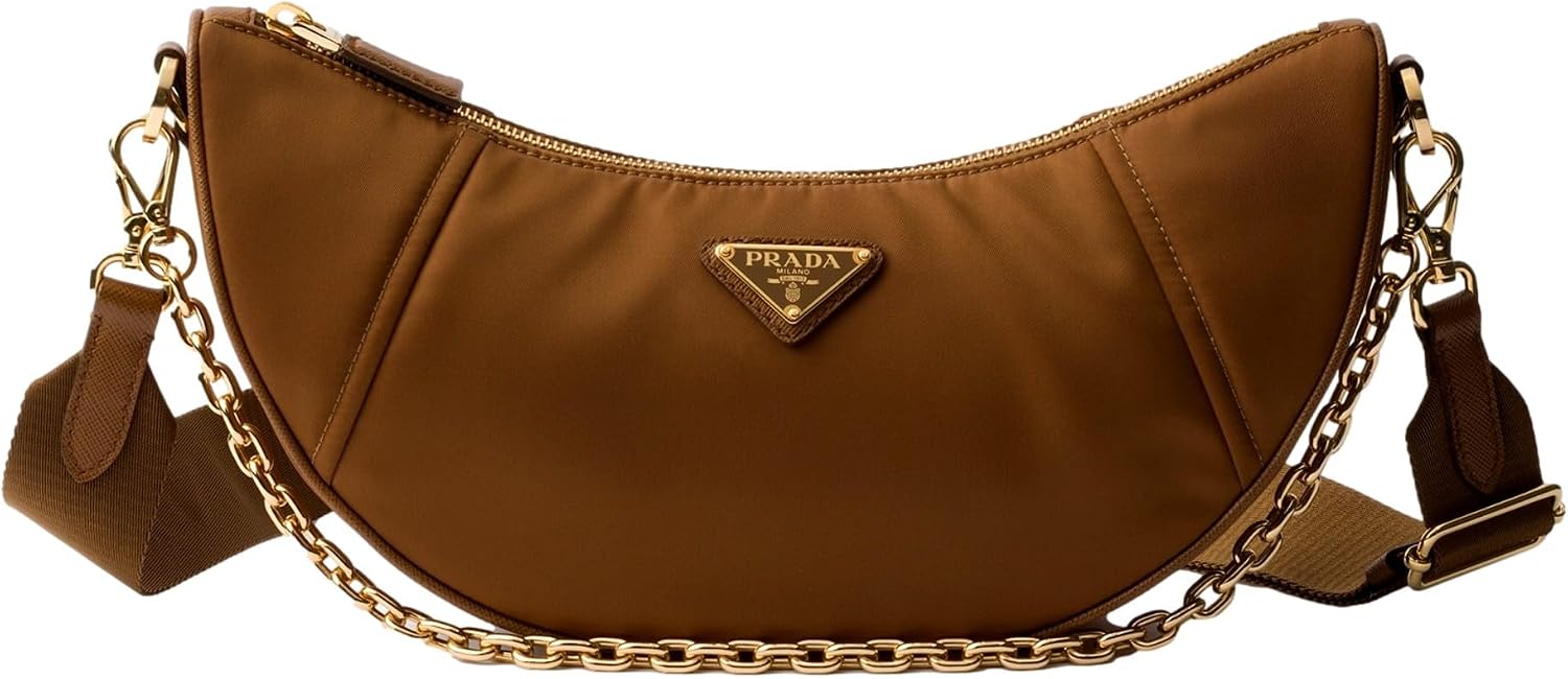 Prada Brown Re-Nylon Demi Lune Crescent Shoulder Bag Gold Purse New | Nylon strap Detachable chain Jacquard lining Interior zipper pocket Dust bag and Authenticity cards included