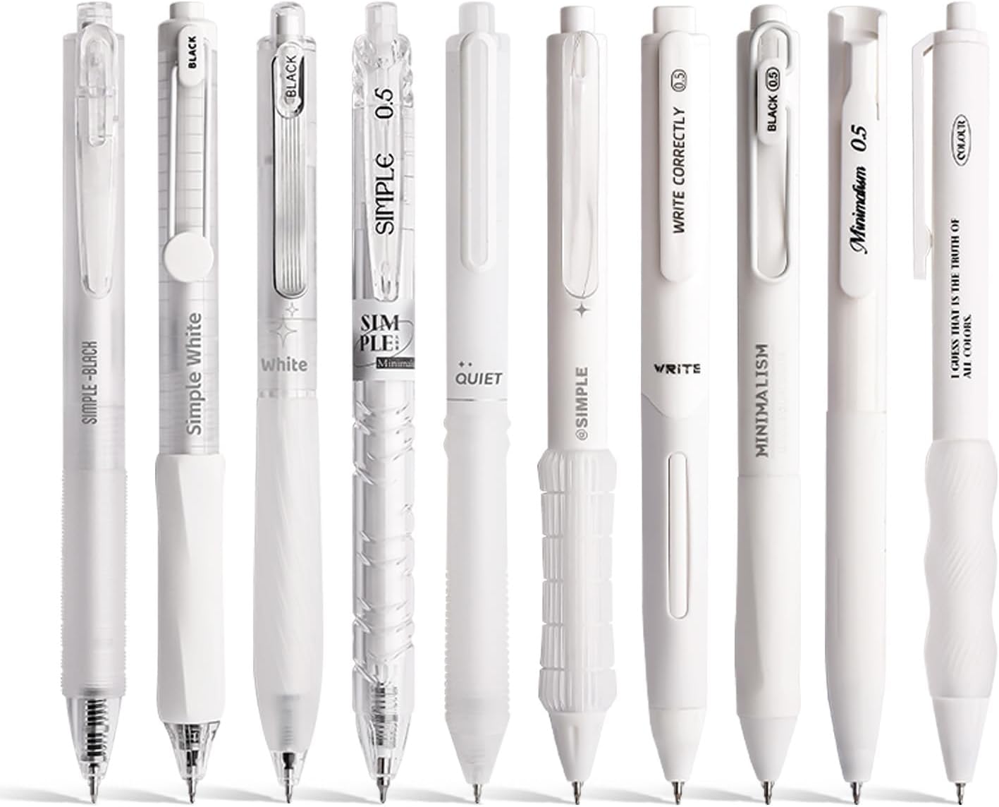 10 Count Pastel Gel Ink Pen Set,Cute Note Taking 0.5mm Fine Point Retractable 10 Count Black Ink Pens with for Writing, Journaling, School, Office (White)