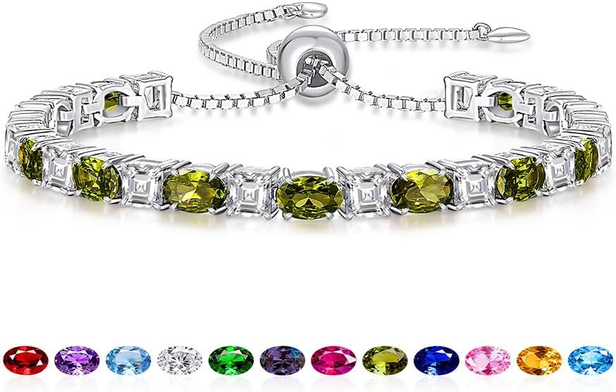 Sterling Silver Birthstone Bracelets for Women White Gold Tennis Bracelets Adjustable Chain 6-9 Inchs Jewelry Hypoallergenic Anniversary Birthday Gifts for Women Mom Wife Her