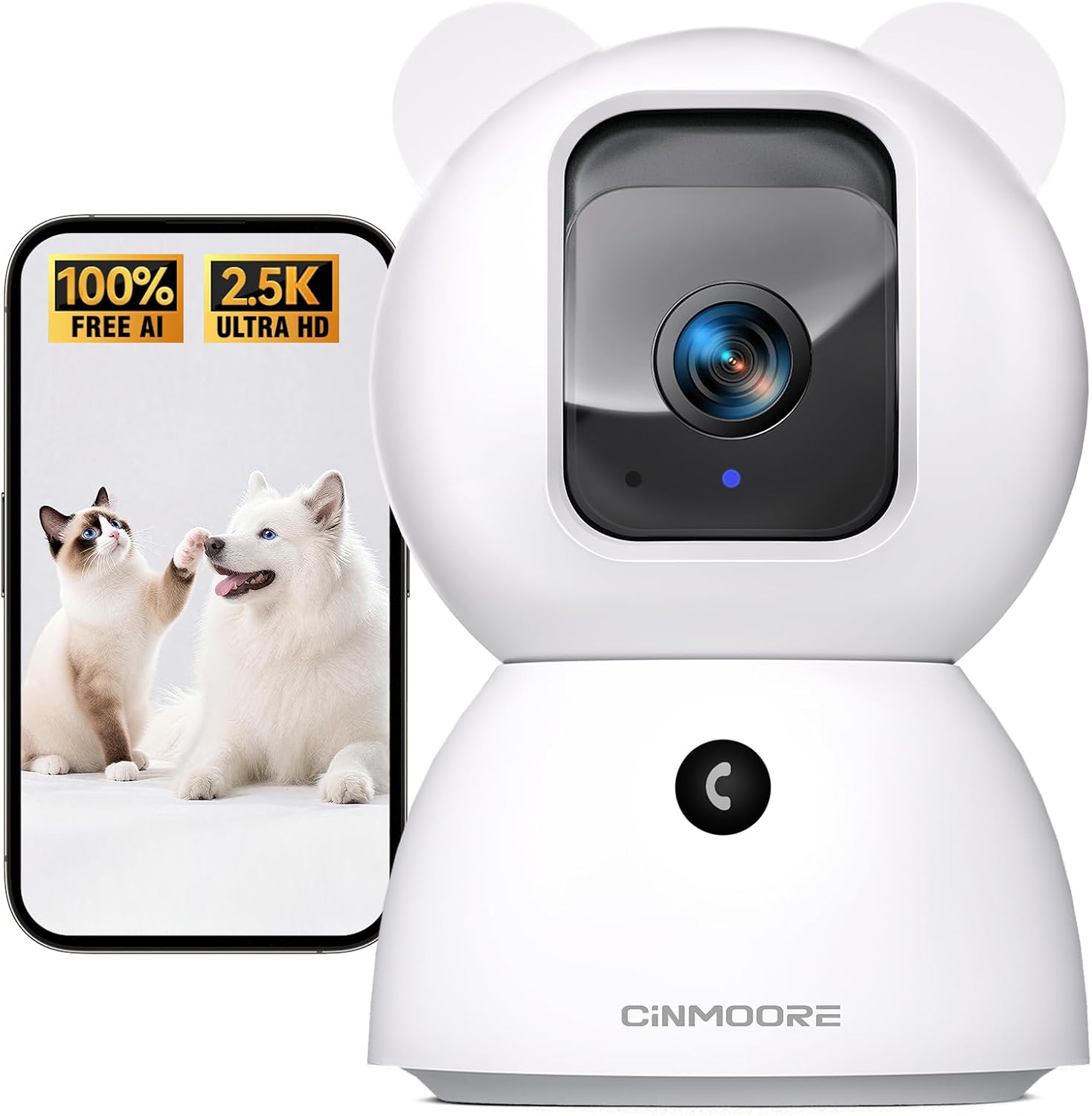 2.5K Security Camera Indoor, Free AI Person/Pet/Cry Detection, 4MP Pet/Dog/Cat Camera w/Phone App, Pan Tilt 2.4GHz WiFi Cameras for Home Security, Full Duplex 2-Way Audio (No Plug Version)
