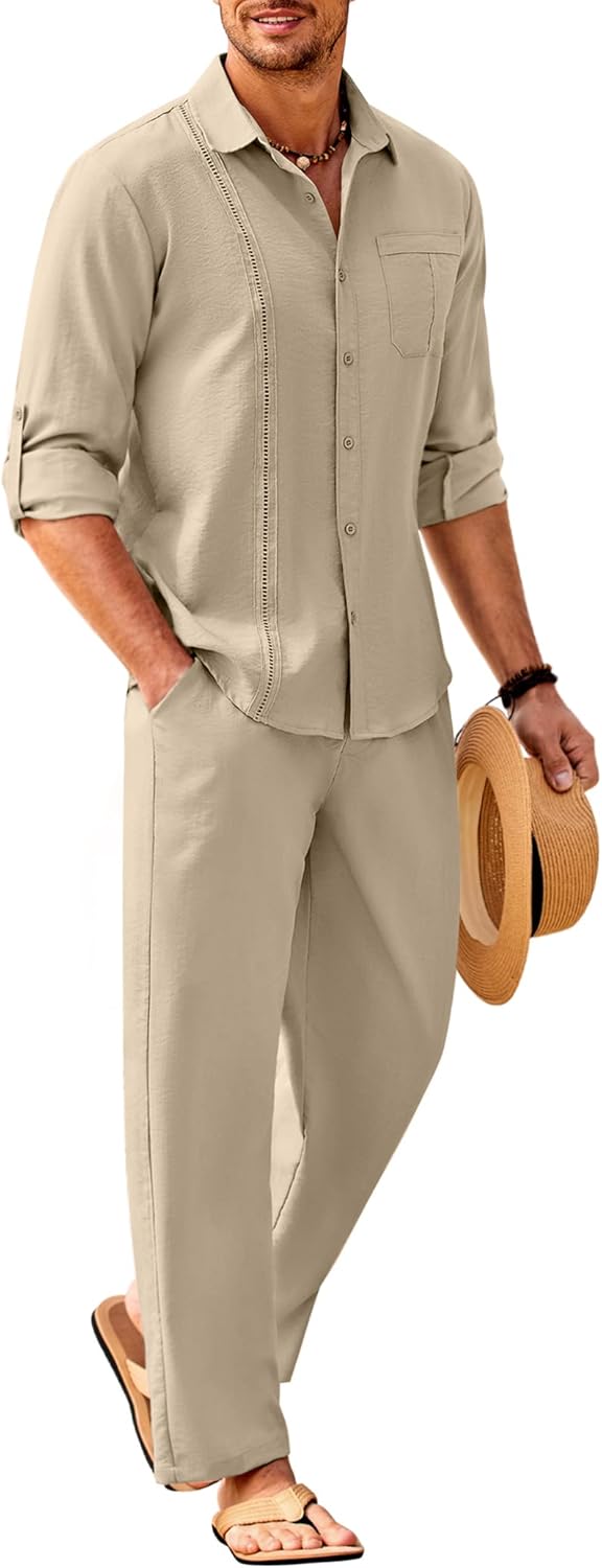 COOFANDY Mens 2 Piece Outfits Long Sleeve Button Down Cuban Shirt and Pants Set Summer Beach Sets