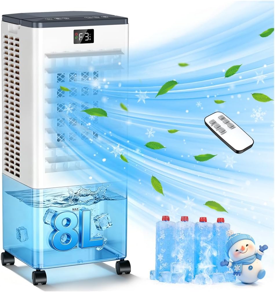 Portable Air Conditioners,3-in-1 Evaporative Cooling Fans that Blow Cold Air, 4 Modes 3 Speeds, 12H Timer & Remote, 120°Oscillation, Windowless Portable AC Swamp Cooler w/ 8L Tank for Home Bedroom