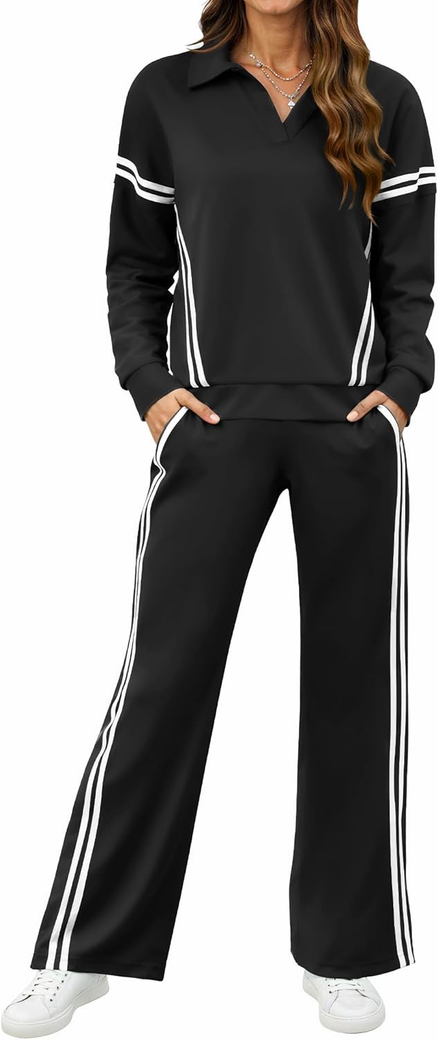 SHESHOW Lounge Sets for Women V-Neck Tracksuit 2-Stripes Wide Leg Pants 2 Piece Outfit Women Sweatsuits with Pockets XS-XXL
