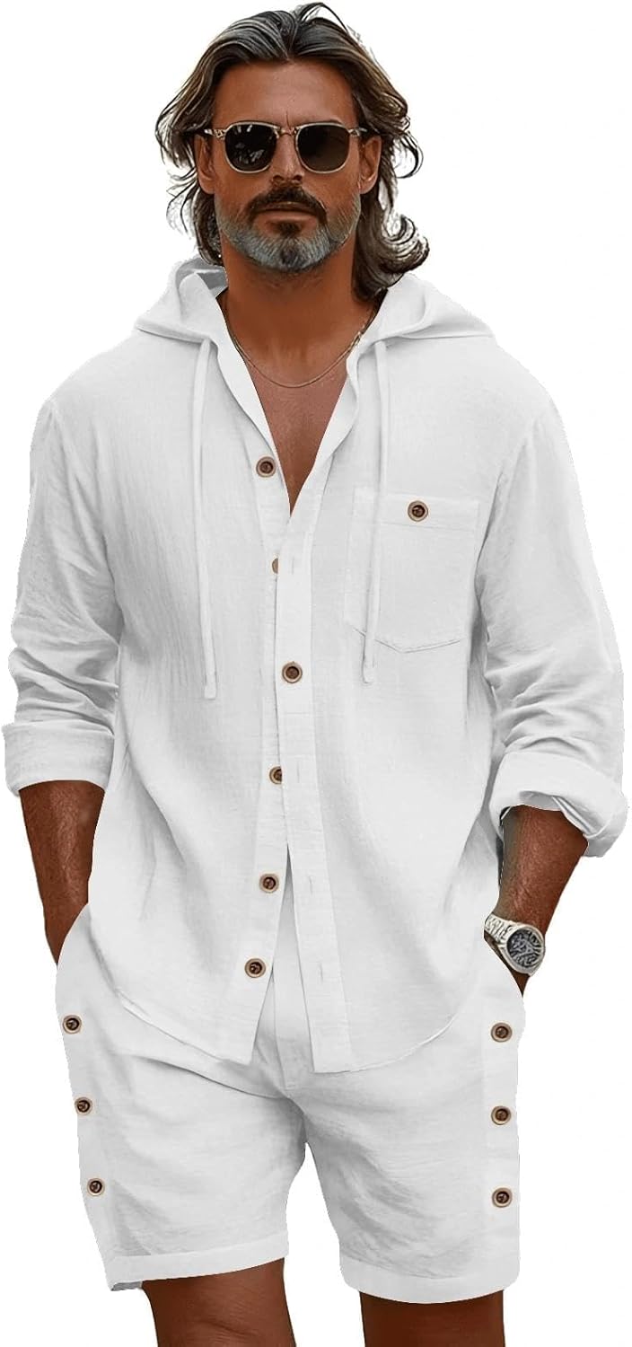Men's 2 Pieces Linen Outfit Summer Set Long Sleeve Shirts Casual Beach Shorts With Pockets Vacation Yoga Outfits