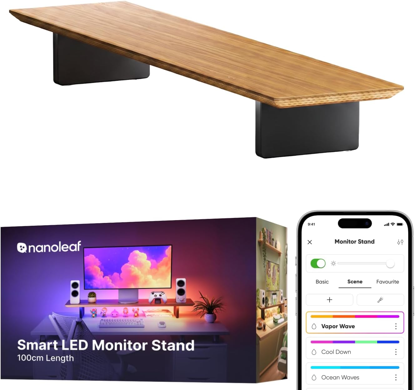 Nanoleaf Smart Monitor Stand, Wood Riser, RGB LED Task & Ambient Light | Ergonomic monitor stand with built-in ambient LED lighting, smart desktop accessory for home office & gaming setups