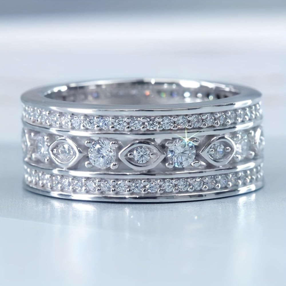 White Gold Plated Cubic Zirconia Exquisite Luxurious Wide Statement Ring Personalized Accessory Ideal for Women's Daily Casual Wear Party Holiday Anniversary Love Jewelry Gift