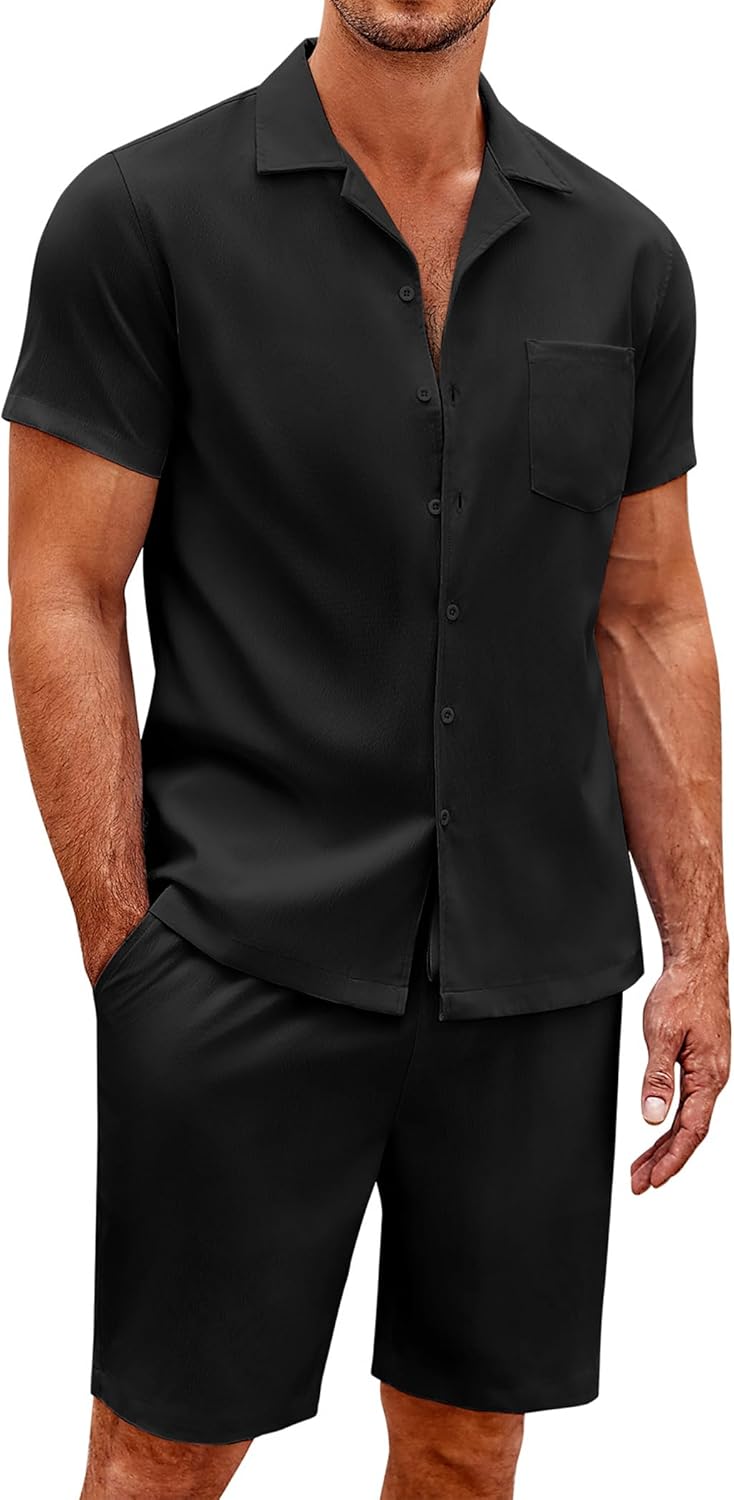 COOFANDY Men's 2 Pieces Casual Beach Outfits Short Sleeve Button Down Shirts Summer Short Set