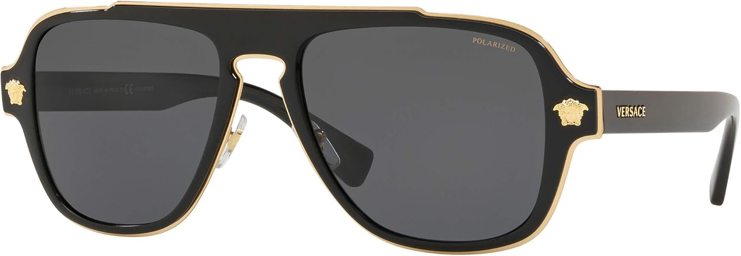 Versace Medusa Charm VE 2199 100281 Black Plastic Aviator Sunglasses Grey Polarized Lens