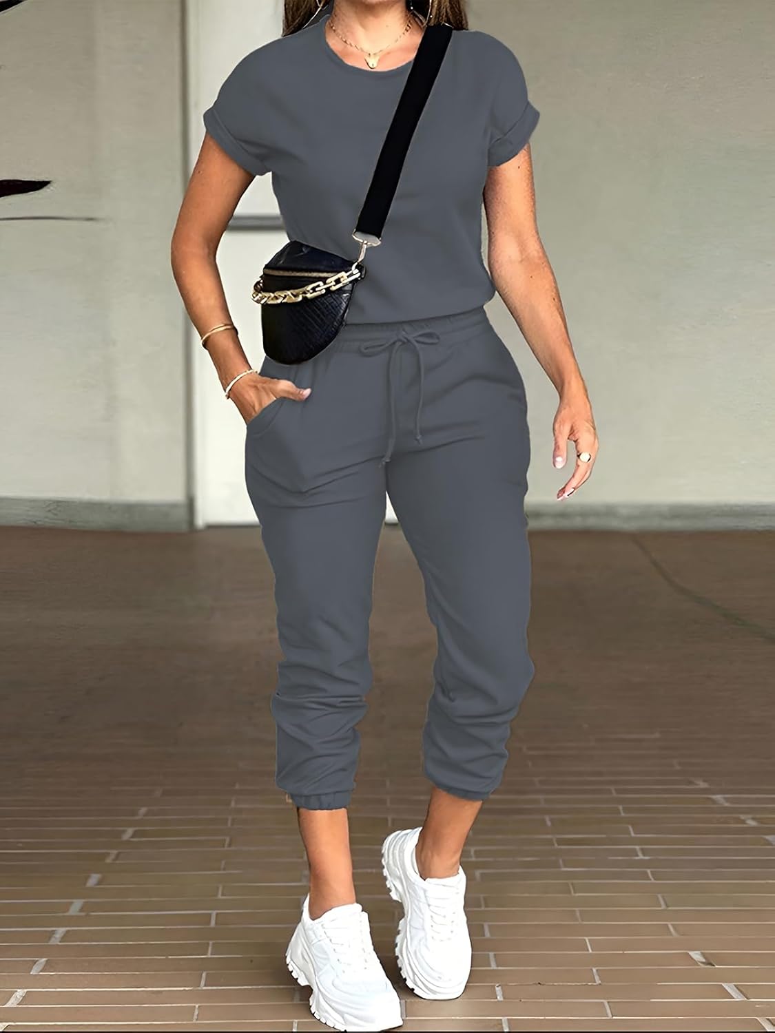 Womens 2 Piece Set Short Sleeve Top With Pocket And Long Pants Matching Casual Outfit For Daily Wear