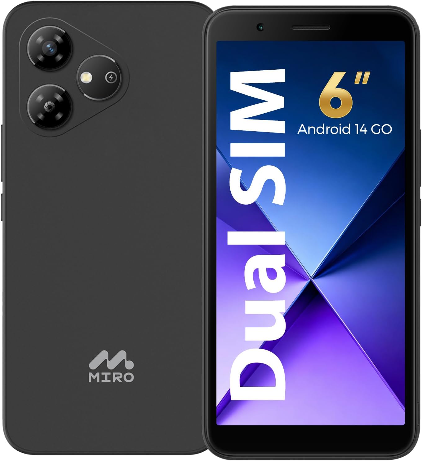 MIRO 4G Cell Phone - New Android 14 Go Edition Smartphone, 6" Display, 2GB+32GB (256GB Expandable), 3000mAh Battery, 5MP+2MP Camera, Dual SIM, 3.5mm Headphone Jack(Gray)