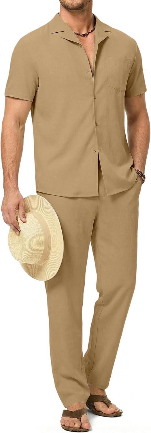 Dokotoo Men Men's Beach Outfit 2 Piece Casual Button Down Shirt Short Sleeve Loose Shirts and Pants Vacation Sets for Men