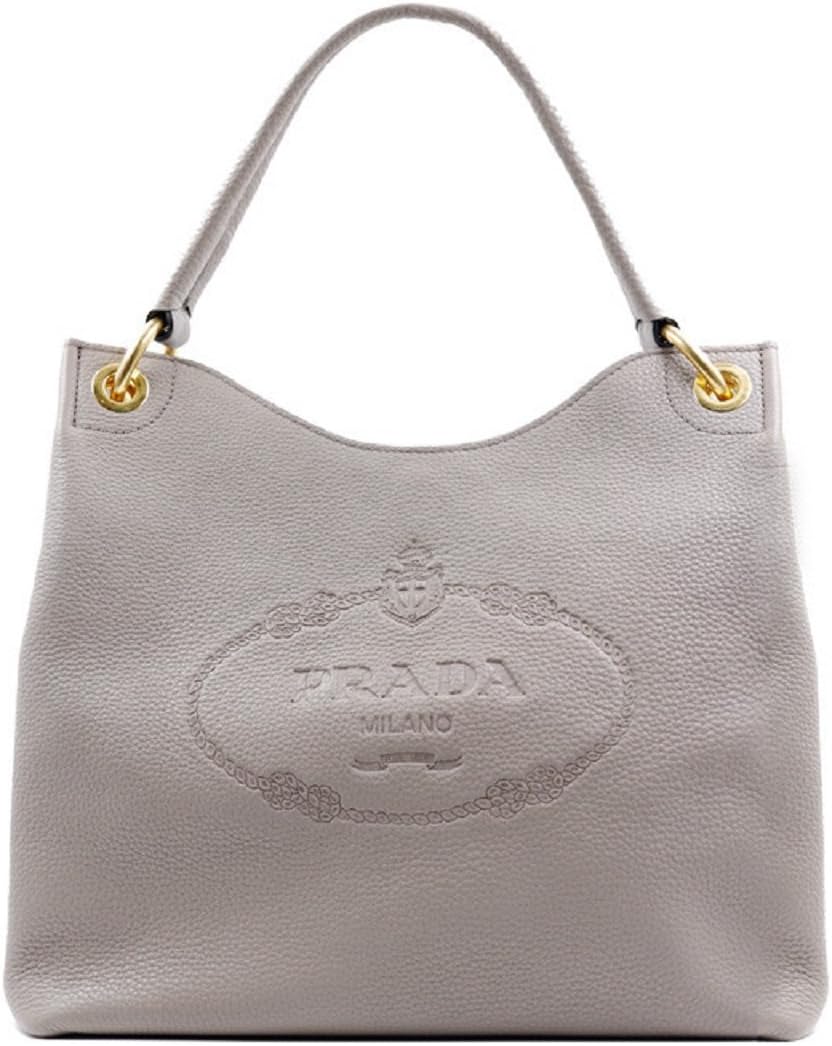 Prada Vitello Phenix Leather Hobo Tote Bag Argilla Grey Embossed Logo Gold-Tone Hardware Shoulder Bag Model 1BC051 Made in Italy New