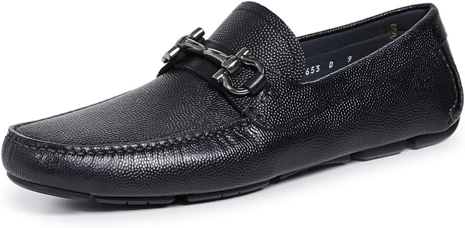 Ferragamo Parigi D(Medium) Gancini Black Pebble Leather Driver Loafers Shoes (Salvatore