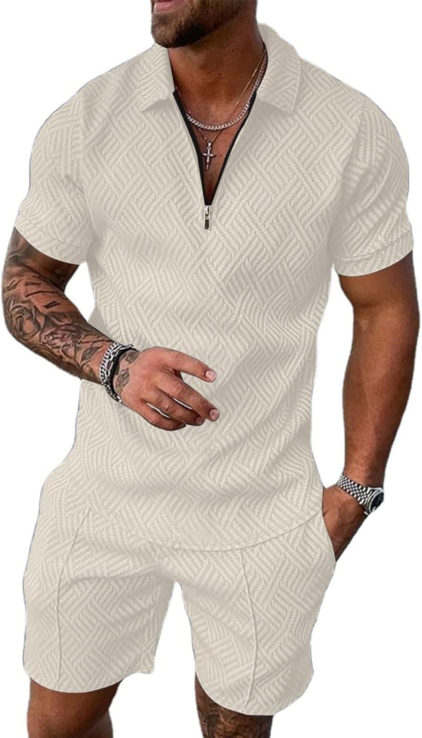 PICKLION Mens Summer Track Suits 2 Piece Short Sleeve and Shorts Sets Casual Vacation 1/4 Zip Golf Polo Shirts Outfits