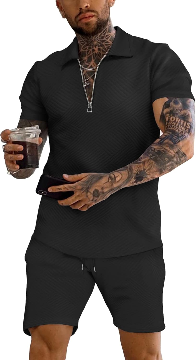 URRU Men's Polo Shirt and Shorts Set 2 Piece Summer Outfits 3D Textured Short Sleeve Track Suit