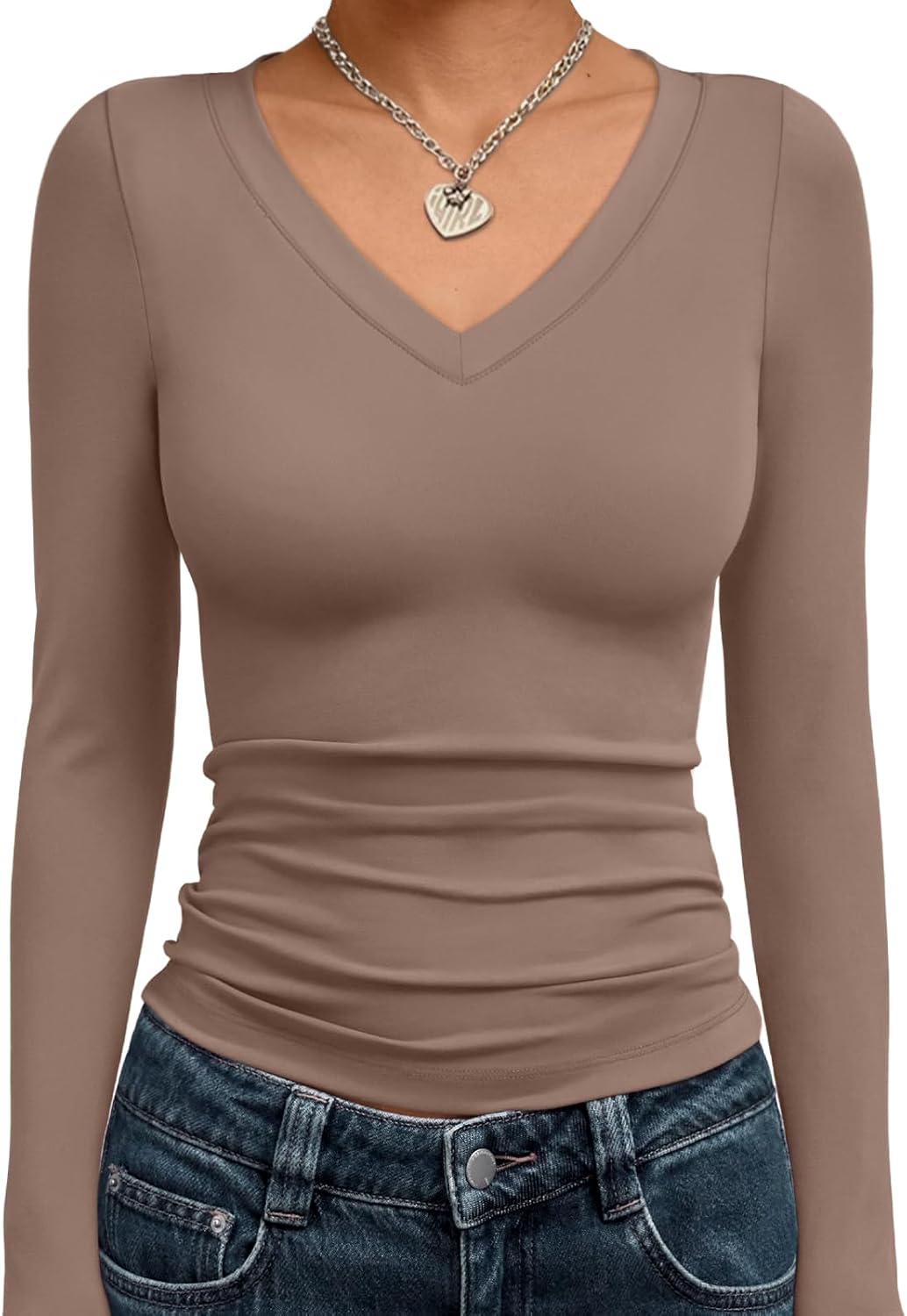 Trendy Queen Long Sleeve Shirts for Women 2026 Fall Fashion V Neck Basics Crop Tops Slim Fitted Y2K Tops Outfits Clothes