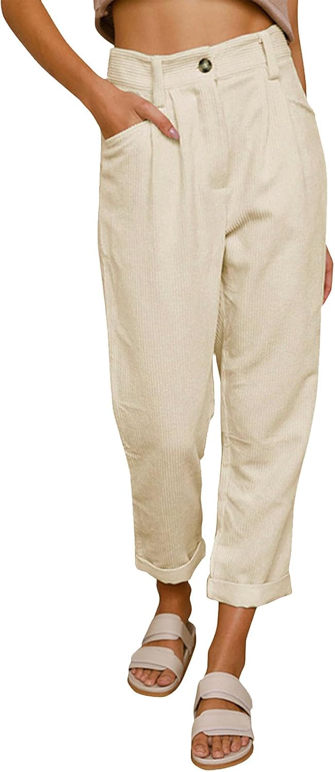 Womens High Waisted Solid Cotton Linen Summer Pants Baggy Straight Leg Trousers Classic Pleated Pocketed Pants