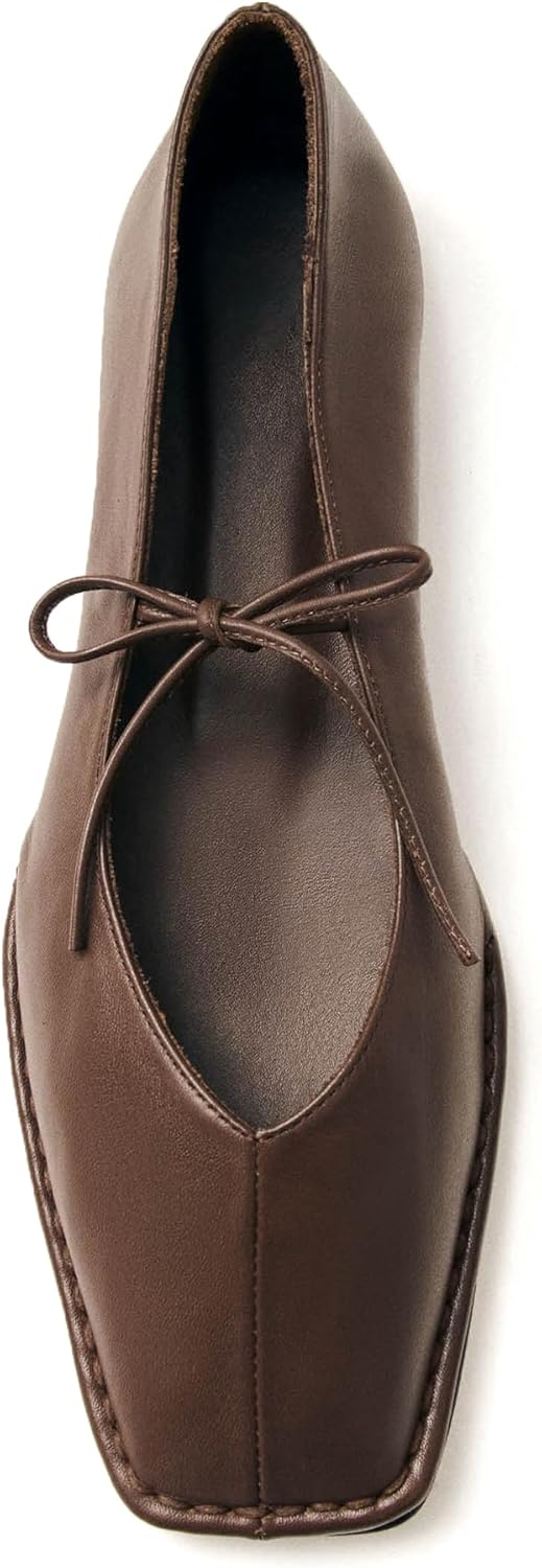 VorisVina Lace Up Square Toe Ballet Flats for Women Cute Bow Slip On Mary Jane Flats Casual Ballerina Shoes