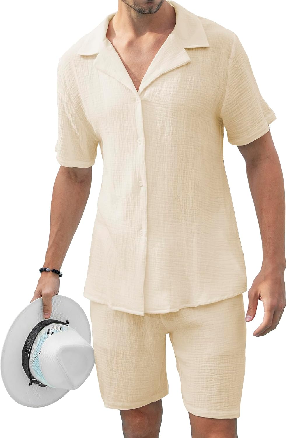 KUYIGO Men's 2 Pieces Beach Outfit Cotton Set Short Sleeve Button Down Shirts Shorts Summer Casual Outfits