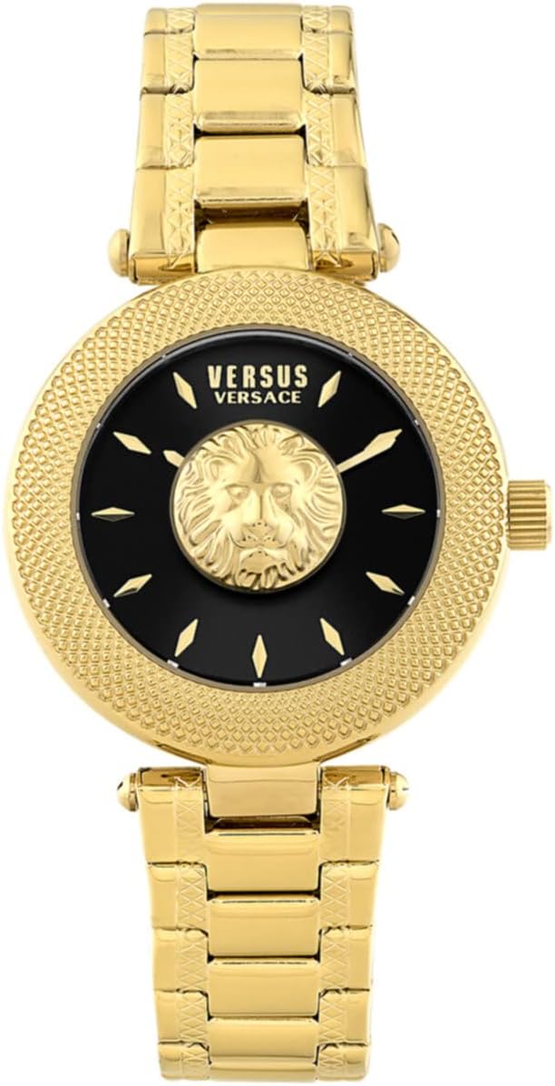 Versus Versace Brick Lane Lion Women's Watch, 36mm Gold Tone Stainless Steel Case, Black Sunray Dial, Gold Tone Bracelet, Quartz Movement, 3 ATM Water Resistant