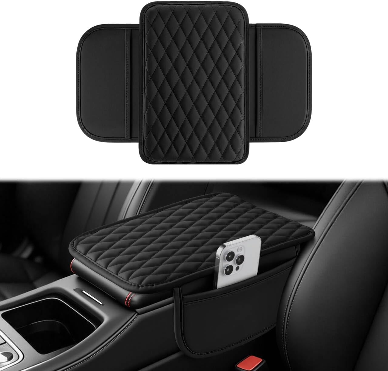 Car Center Console Cover, Upgraded Leather Car Armrest Cushion with 2 Storage Pockets, Universal Waterproof Cushion Pad, Non-Slip Car Interior Accessories, Fits Most Sedans SUVs Trucks (Black)