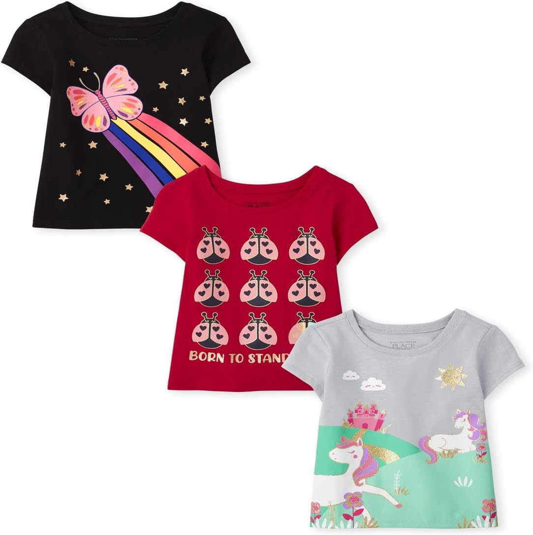 The Children's Place Baby Girls' and Toddler Unicorns,Butterflies,Trends Short Sleeve Graphic T-Shirts,3 Pack