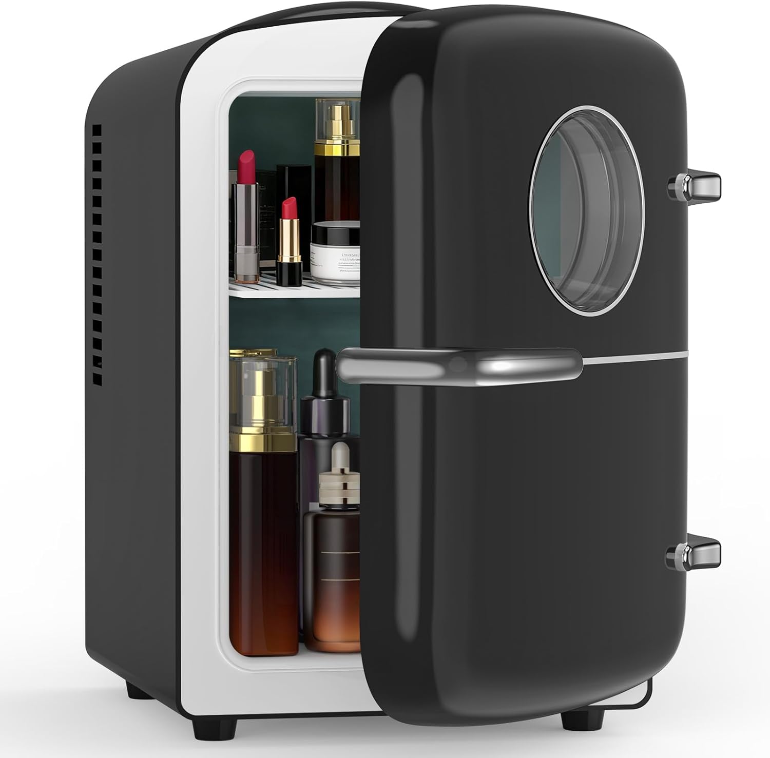 Electactic Mini Fridge for Bedroom, 4L/6 Cans Small Cosmetic Fridge for Skincare, Makeup & Drink, With Observation Window, Portable Desk Fridge Cooler and Warmer for Kids, Car, Office, Dorm, Black