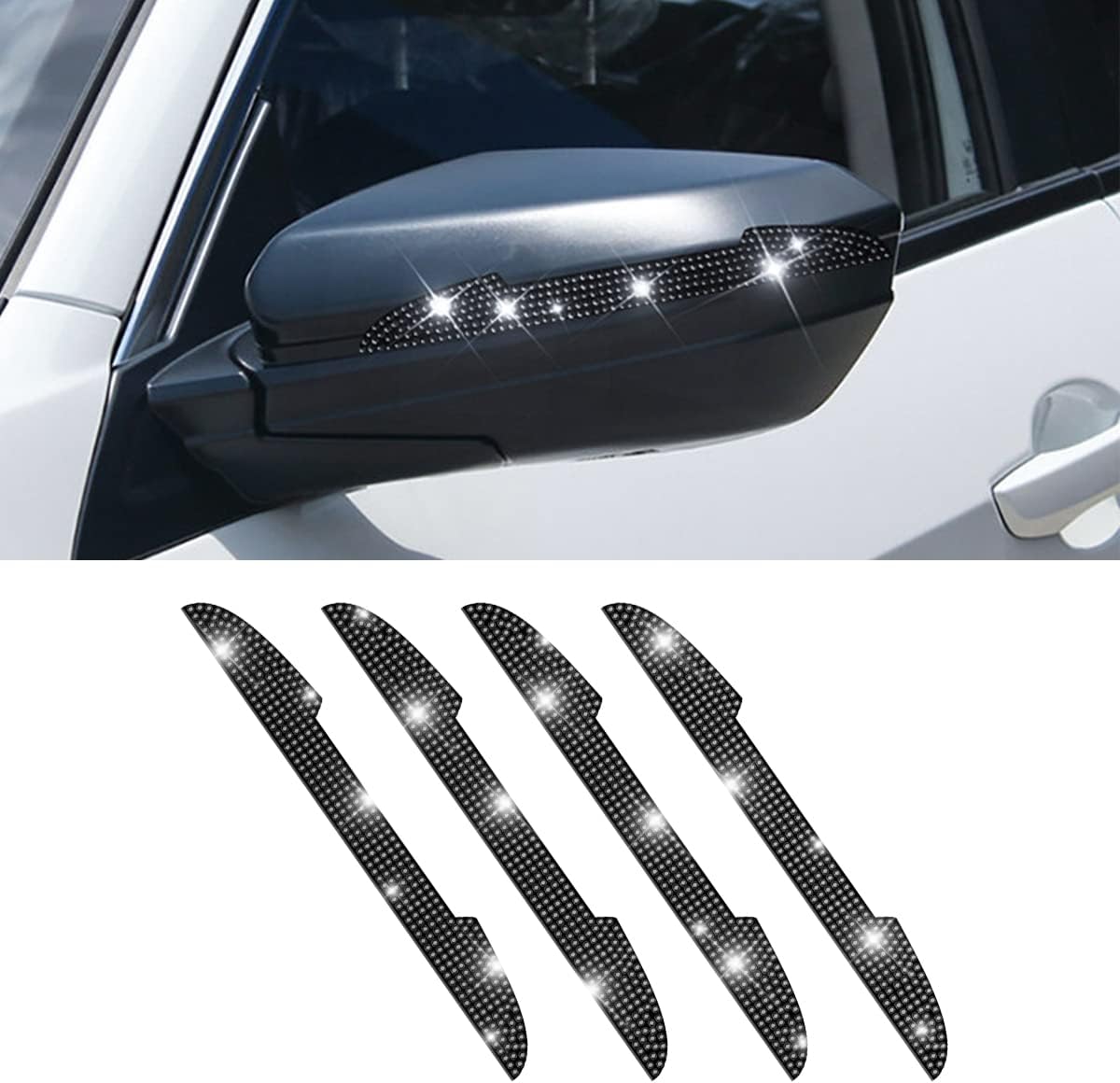 4 PCS Bling Rhinestone Car Door Handle Scratch Protector, Universal for All Cars, Vehicles, SUVs, Car Side Rearview Mirror, Car Door Edge Guard, Car Exterior Accessories for Women Men (Black)