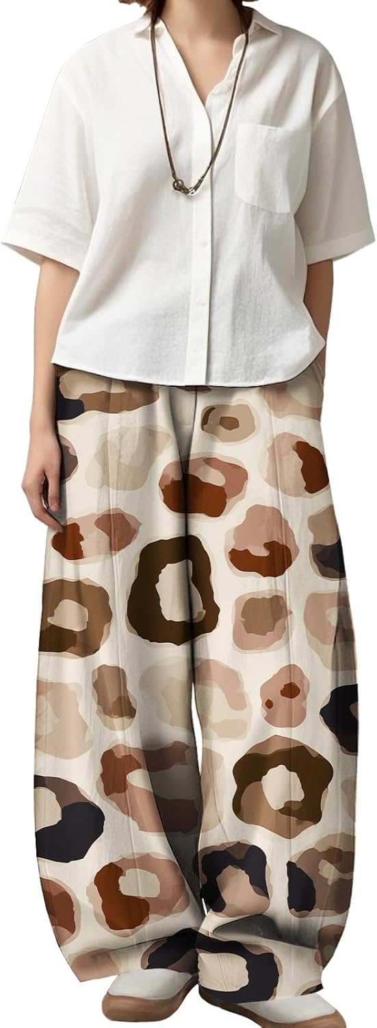 Women's Wide Leg Pants Blue White Tie Dye Print Lightweight Fall Casual Trousers Loose Fit Breathable Lounge Pants