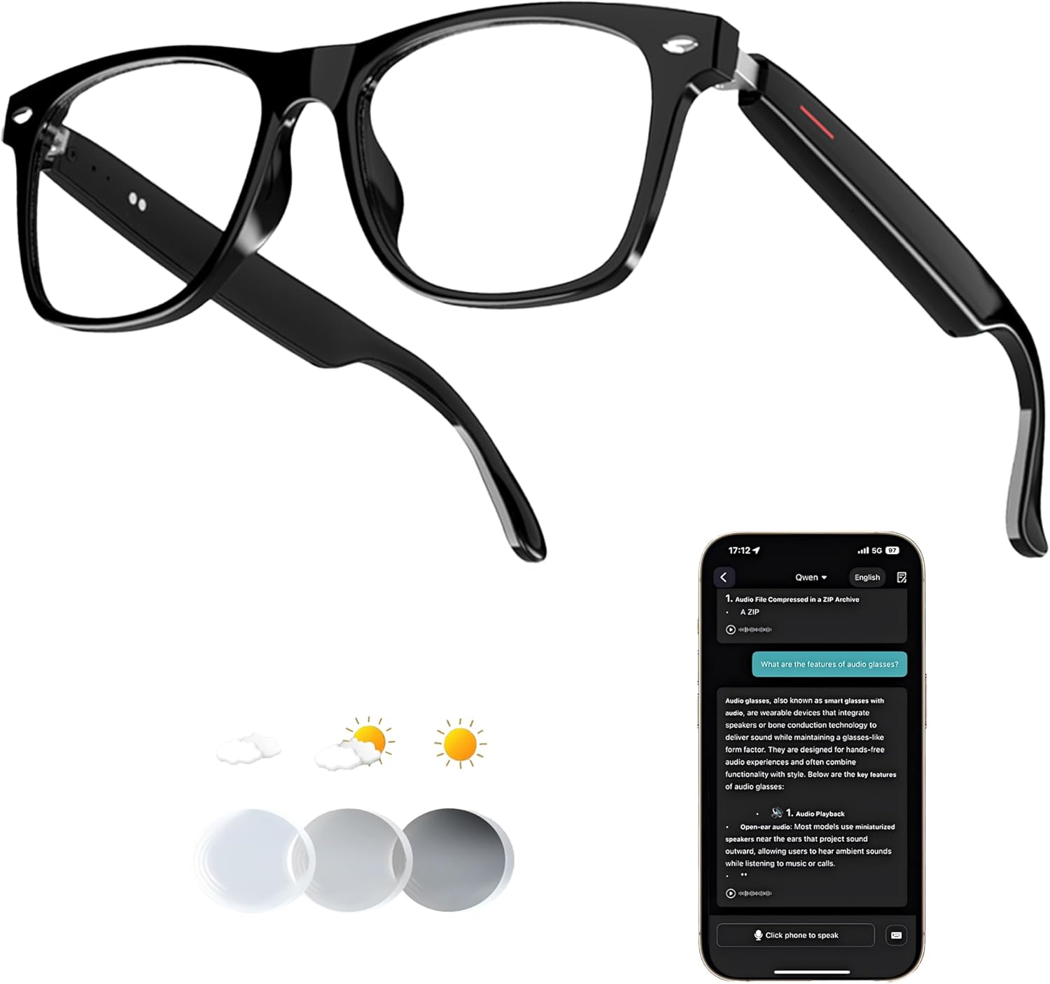 Smart Translation Glasses, AI Bluetooth Audio Eyewear with Real-Time Translator for 140+ Languages, Open-Ear Speakers & Mic for Business, Travel and Driving, Unisex, Black