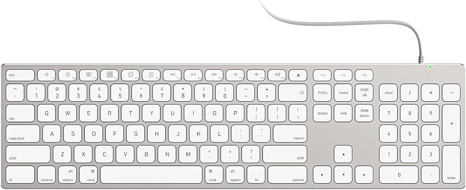 All-Aluminum Wired Mac Keyboard with USB-A/USB-C 2-in-1 Plug-and-Play Cable, Full-Size Numeric Keypad, Metal Unibody Design, Stick-On Risers, Compatible with Apple iMac, Mac mini and MacBook