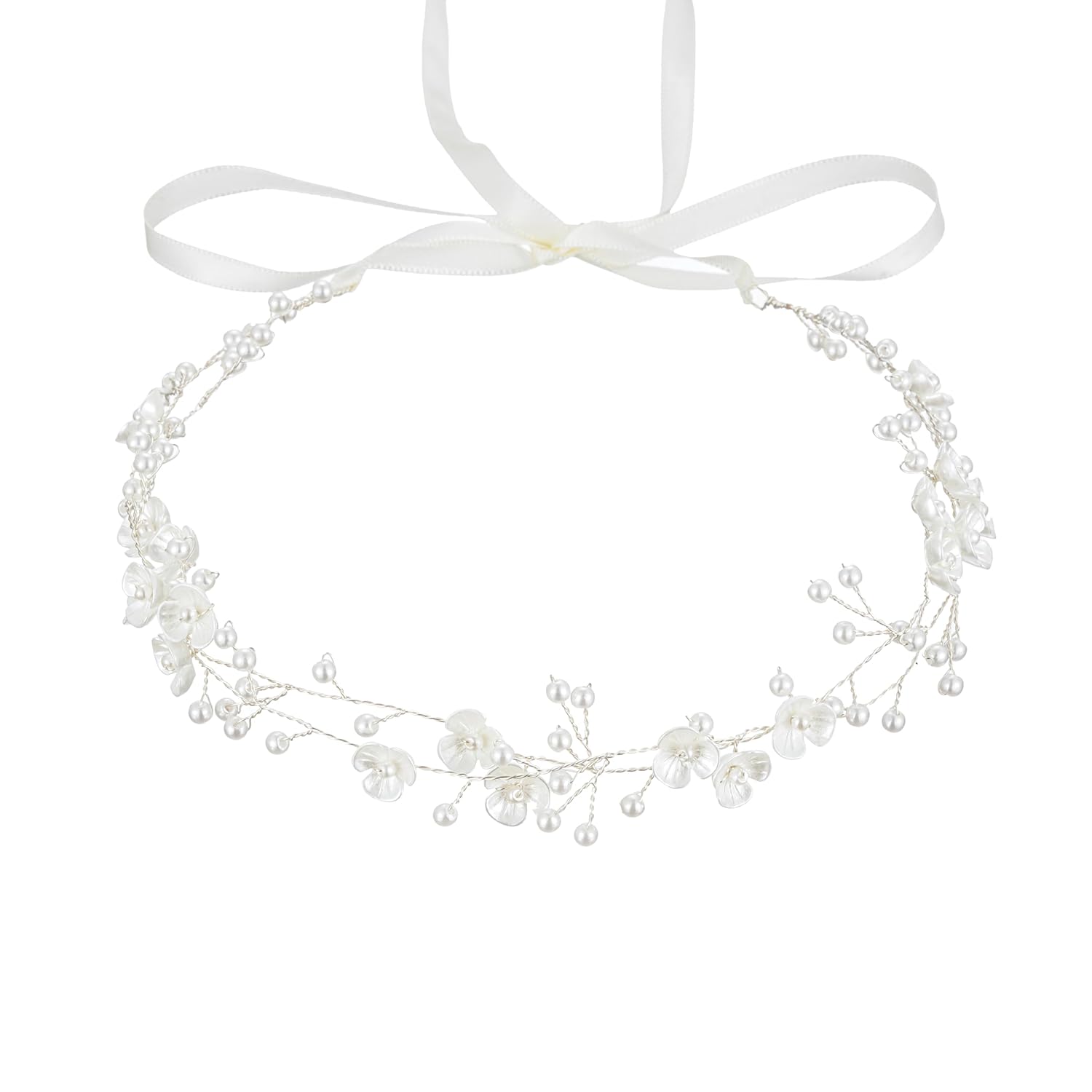 527&huan White Flowers Pearls Bridal Headband, Handmade Silver Wire Woven Wedding Hair Vine with Satin Ribbon, Lightweight Wedding Hair Accessory for Bride Flower Girl Bridesmaid Prom Pageant