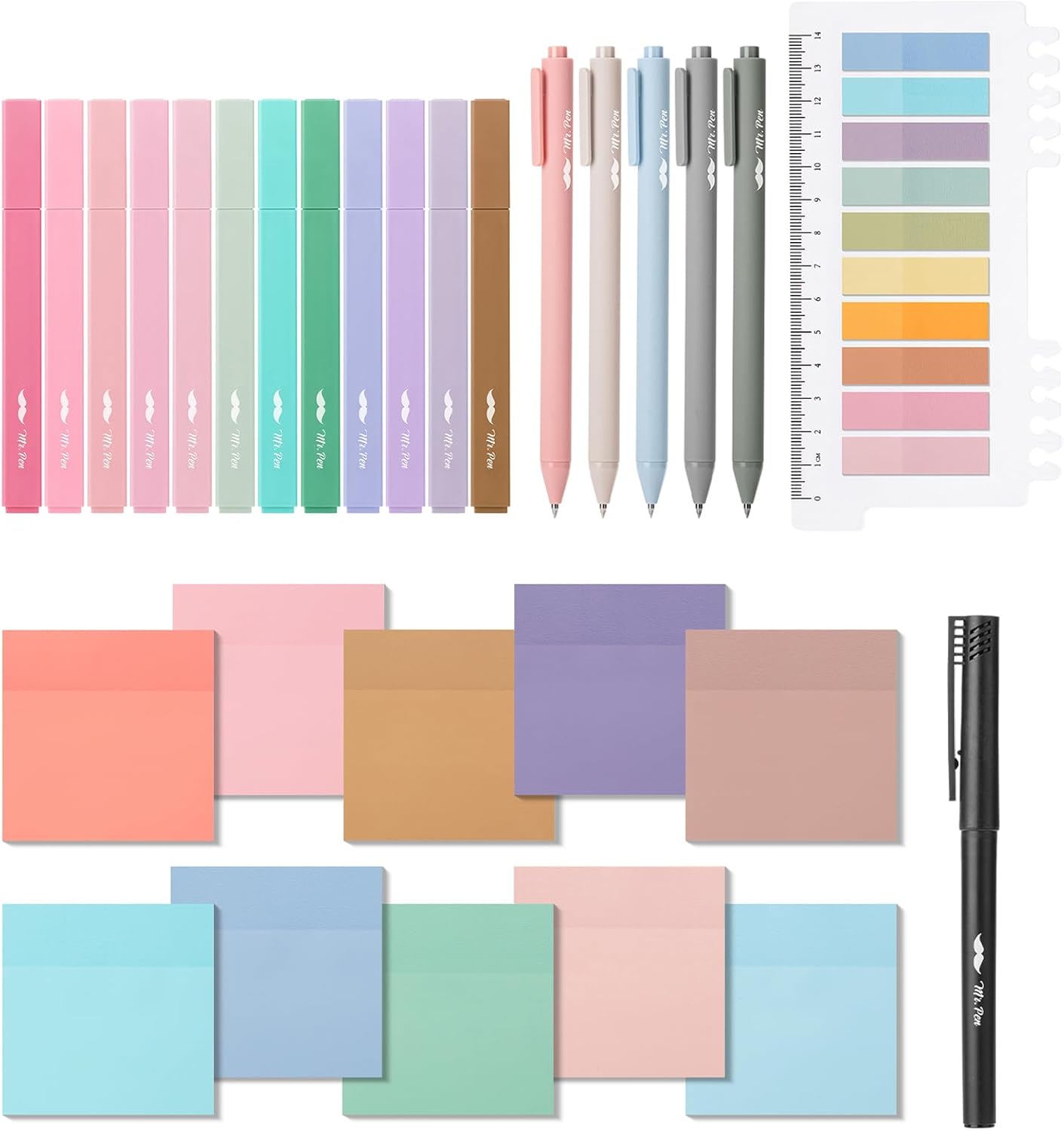 Mr. Pen- Aesthetic Book Annotation Kit, 38 pcs | 12 No Bleed Aesthetic Highlighters, 5 Gel Pens Black Ink, 700 Transparent Sticky Notes & Tabs for Study, Bible Journaling