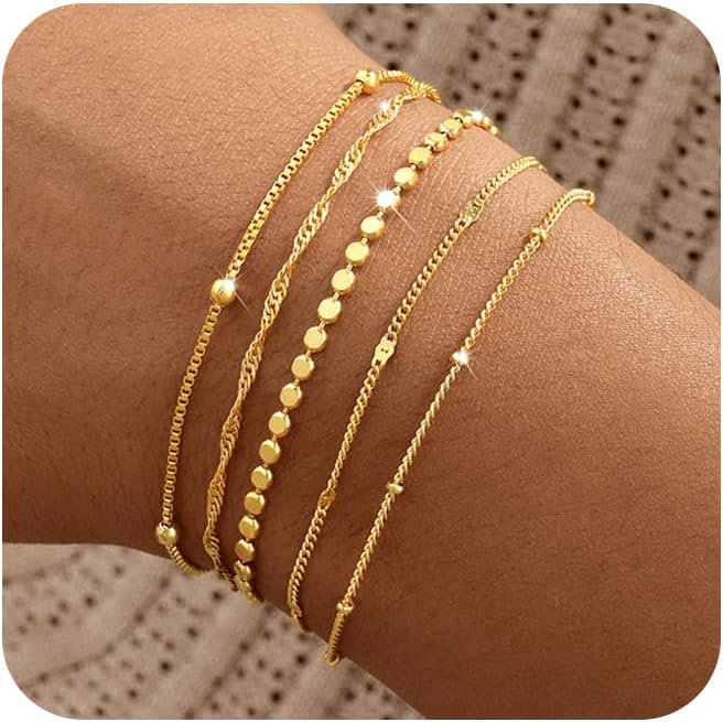 Gold Bracelets for Women, 14K Gold Plated Stackable Bracelet Stack Set Adjustable Charm Paperclip Chain Snake Link Layered Waterproof Jewelry Sets Gifts
