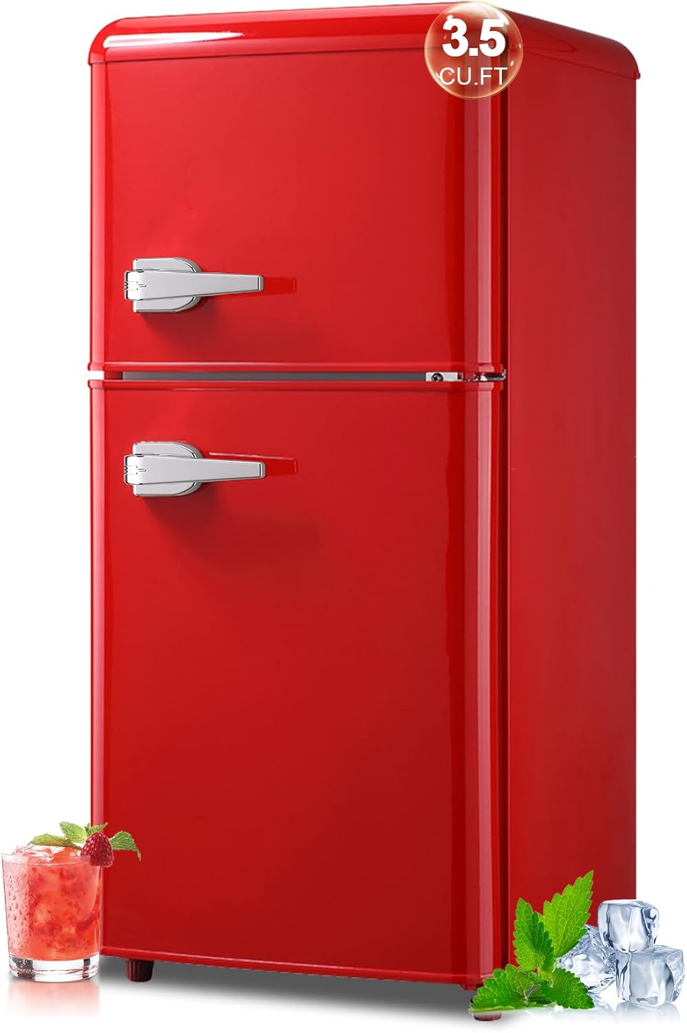 Retro Fridge with Freezer, 3.5 Cu. Ft. Mini Fridge, Small Refrigerator with 7-Level Adjustable Thermostat, Retro Compact Refrigerator 2-Door Fridges for Apartment/Dorm/Office/RV, Red